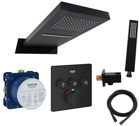 vanvilla Duschsystem Unterputz mit Duscharmatur Grohe schwarz GS09 | Duscharmatur von Grohe SmartControl Thermostat Armatur und vanvilla Regendusche Duschkopf eckig, Dusch-SET schwarz