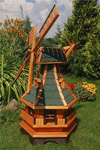 Deko-Shop-Hannusch Windmühle,Windmühlen mit Beleuchtung Solar, Solarbeleuchtung ++kugelgelagert++1,3m Bitum grün