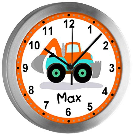CreaDesign, Analoge Kinderzimmer Funkuhr mit (Wunsch) Name personalisiert, Kinder Wanduhr geräuscharm mit Aluminium-Rahmen, Motiv Bagger, WU-10-1084