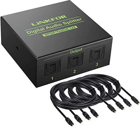 LiNKFOR Optisk ljuddelare 1 x 3 SPDIF Toslink optisk splitter med 4 st optisk kabel aluminiumlegering 1 i 3 OUT support LPCM 2.0 DTS Dolby-AC3 Kompatibel med PS3 DVD HDTV STB etc