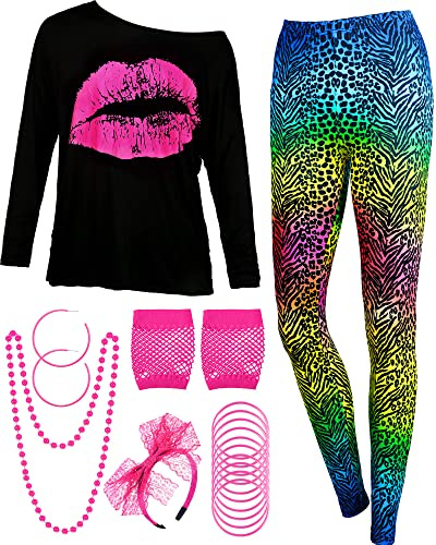 Blulu Juego de Disfraz de Mujeres de los Años 1980, T-shirt, Pantalones Legging Pendientes Collar Guantes Pulsera (Manga Larga, L)
