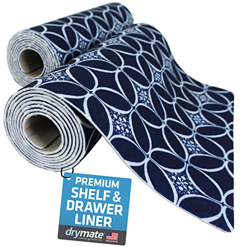 Drymate Premium Luxury Shelf & Drawer Liner, Thick Cushioned Fabric, Non-Adhesive, Absorbent, Waterproof, Slip-Resistant, Liners for Kitchen Cabinets, Cupboards (USA Made)(12”x59”)(2-Pack)(Indigo)