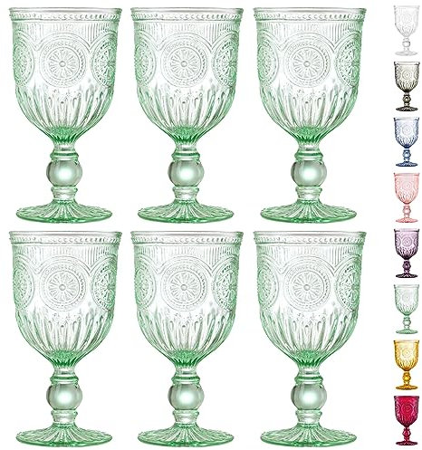 Yungala Green Wine Glasses Set of 6 Vintage Hobnail Goblets 10 oz Dishwasher Safe
