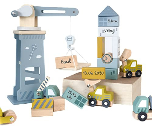 Giocattolo da cantiere con gru – personalizzabile, giocattolo in legno a partire dai 3 anni in su, regali personalizzati per la nascita, etichetta etichetta, giocattolo per bambini con nome e dati di