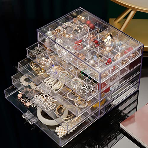 QIYUSHRY Acryl-Schmuckkästchen für Ohrringe, Aufbewahrungsbox, 5 Schubladen, transparent, Schmuckständer, Aufbewahrungsbox, 55 Fächer, Organizer für Ohrringe, Halsketten, Ringe, Armband