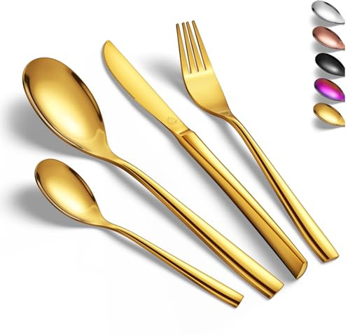 vancasso Besteck Set 6 Personen, Besteck Set 18/10 Gold Besteckset mit Messer/Gabel/Löffel/Dessertlöffel, 24-pcs Goldenes Besteck Poliert mit Geschenkbox, Modernem und Schlichtem Design