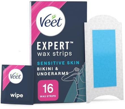 Veet Cold Wax Strips Sensitive Skin, 16 Count + 3 Wipes, Brazilian & Bikini Hair Removal, Underarm Waxing with Almond Oil, Expert Formula Men, Smooth Finish