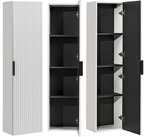 Lomadox Badezimmerschrank Hochschrank matt weiß gerillt 35 cm breit Seitenschrank Badmöbel Schrank Badschrank mit Einer Tür, B/H/T: 35/140/25 cm