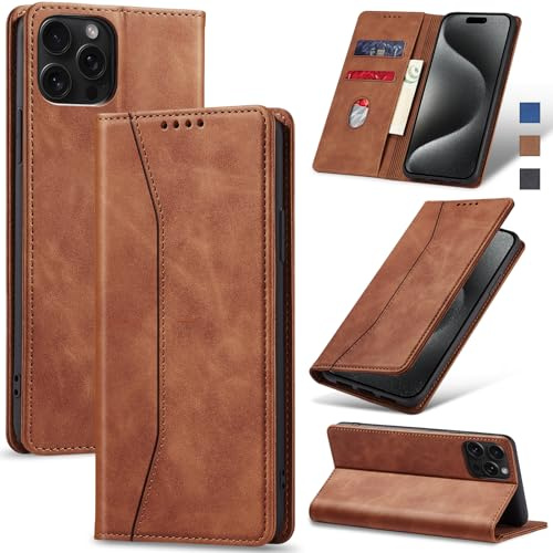 Jasonyu Funda para iPhone 15 Pro MAX Flip Case,Marrón | Cuero PU Carcasa,Tipo Libro con Tarjetas y Cartera,Soporte Plegable,Cierre magnético,Capa