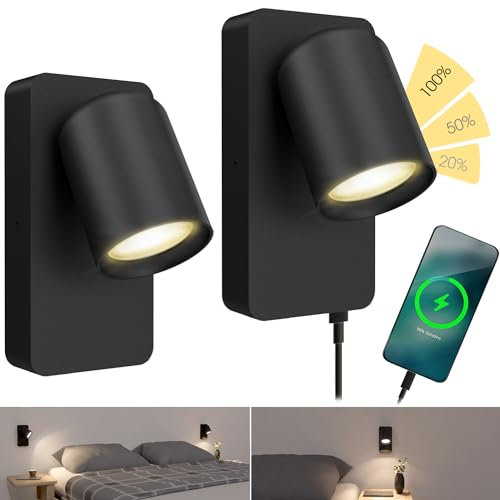 SSC-LUXon NERU Wandleuchte schwarz 2er Set - Schlafzimmer Leselampe USB mit Schalter inkl. fourSTEP Dimmen ohne Dimmer GU10 LED