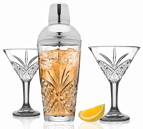 Godinger Cocktail Shaker and Cocktail Glasses Bar Set, Martini Shaker and 2 Martini Glasses Set - Dublin Collection