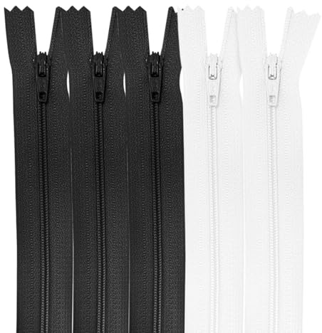 MARARDI [Pack 5 Cerniere [Bianco e Nero] Nylon [25 cm] Chiusure Lampo per Cucito e Artigianato per Stoffa Vestiti Borse per Cucire a Macchina Patchwork Tessuto di Cotone con Chiusura in Metallo