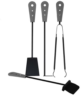 LIMAC Design LARA Kamineisen-Set 4-teilig aus Stahl und mit Ledergriffen, Modernes und Designer-Kaminbesteck, Zubehör für Öfen und Kamine, Hergestellt in Italien. (anthrazit)