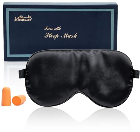 Viedouce Schlafmaske Seide Augenmaske Geschenkbox,100% Hautfreundlich Frauen und Herren, Angenehme Schlafmaske,Ideal für Schlaf zu Hause Auf Reisen (Schwarz)