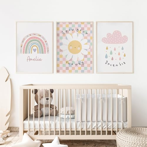 Ueiwffzo Kinderzimmer Deko, 3er Set Wanddeko Poster Set ohne Rahmen, Ideal für Babyzimmer, Bilder Kinderzimmer Mädchen & Jungen, Dekorative Leinwandbilder mit Regenbogen, Blumen, Wolken (21 x 30 cm)
