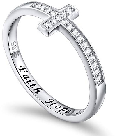 DAOCHONG 925 Sterlingsilber Glaube Hoffnung Liebe Seitliches Kreuz Ring Inspirierendes Schmuckgeschenk für Frauen, Größe 5-10