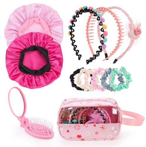 Girls Hair Accessories Kit - Detangling Brush with Mirror, 6 Scrunchies, 2 Satin Bonnets, 3 Headbands, Makeup Bag, Pink - Cute Hair Set for Girl Gifts