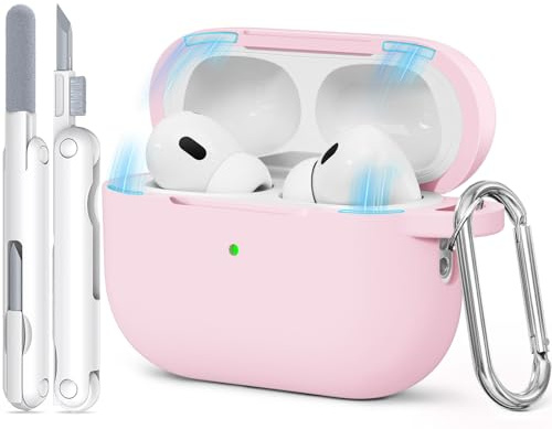 TNSNK für AirPods Pro 2nd/1st Hülle (2023/2022/2019), Magnetic Lid Silikon Stoßfeste Schutzhülle mit Clean Kit & Keychain, Support Wireless Charging - Light Pink