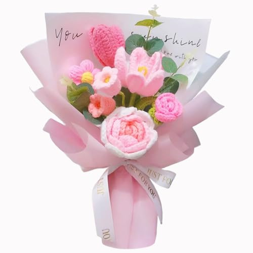 Crochet Flowers Bouquet, Handmade Crochet Rose Bouquet Pink,Knitted Flowers,Crochet Flowers Rose Tulip Lily of The Valley for Home Decor,Birthday,Valentine's Day, for Mom