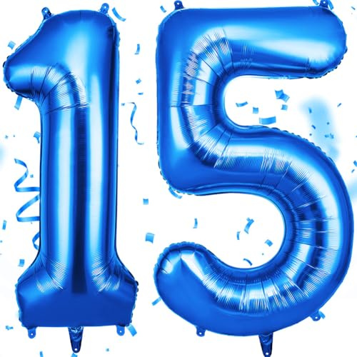 OFFCUP Zahlen Luftballon 15 Geburtstag Blau, Folienballon Zahl 15, | 40 Zoll Helium Ballons Riesen 101cm Geburtstag Mädchen Junge PartyDeko Ballon Zahl Deko zum Jubiläum Neujahr Hochzeit