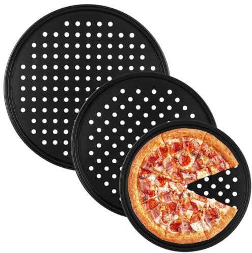 Set di 3 teglie per pizza perforate, antiaderenti in acciaio al carbonio con fori, 24 cm, 27 cm, 32 cm, per uso domestico e ristorante