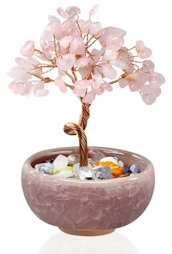 VLYX Rose Quartz Crystal Tree of Life - Handmade Pink Gemstone Money Tree for Home Office Decor, Positive Energy Gift for Women