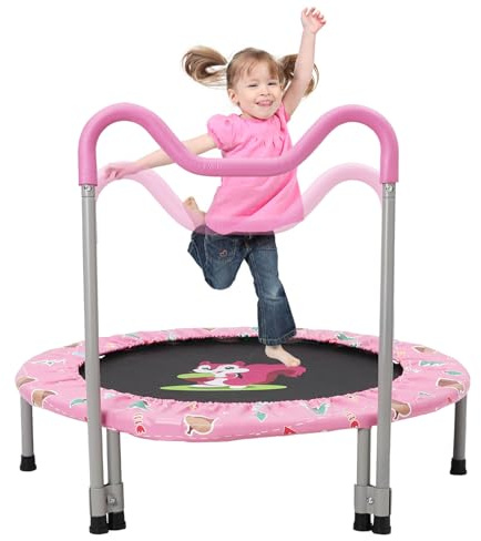 Trampolín para Niños,Camas Elasticas con Asas Ajustables y Extraíbles y Cubierta Acolchada, Carga Máxima de 60KG,Cama Elastica Fitness Plegable Interior y Exterior,para niños de 3 a 6 años, Rosa