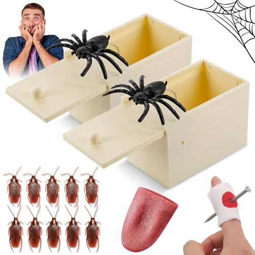 Spider In a Box Prank, 14 pcs Spider Scare Pranks Box, Include Spider Box Prank, Fake Cockroach, Fake Tongue, Prank Nails, for Kids Adults Halloween Carnivals April Fools Day