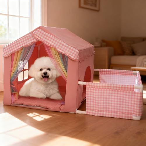 Cute Pink Princess 26 * 26 * 26.8 Dog House Bed for Pets Dogs Cats with Playpen, Cozy Confortable Puppy Cat Rabbit Kennel Bed Playhouse Tent w/Washable Cushion, Holds Up to 50lbs Pets