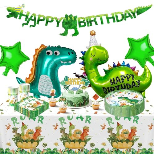 Dino Geburtstag Deko Set, 91 PCS Partygeschirr Kindergeburtstag für 20 Gäste mit Große Dino Folienballon Partyzubehörset Dinosaurier Tortenstecker Luftballons Pappteller Tassen Servietten Tischdecke