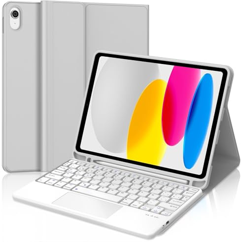 Funda Teclado para iPad A16 11ª Gen 2025/10ª Gen 2022, Teclado Bluetooth Desmontable con Trackpad, Funda Delgada con Ranura para Bolígrafo para iPad 10ª/11ª Generación 10.9/11 Pulgadas, Gris Claro