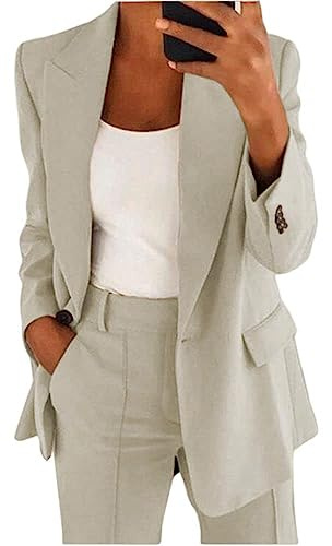 Generisk dambyxdräkt elegant affärskostym set revers kontor kavaj byxor 2-delad kostym tvådelad smal passform festlig sportig streetwear 2 delar kvinnor, En beige, L