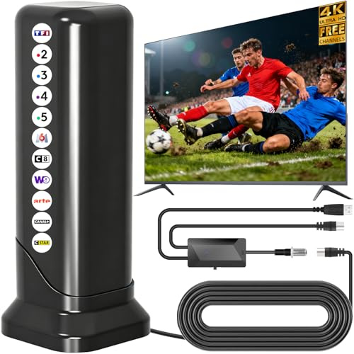 Antenne TV Intérieur Puissante, 650+KM Antenne TV Intérieur avec Amplificateur à Haut Gain, Réception 360°, Fixation Magnétique, Compatible with TV Intelligentes et Anciennes 4K/1080P