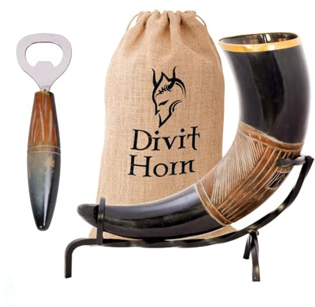 Divit Horn cuerno auténtico de bere vichingo con soporte de hierro | Corno Birra Medievale de 450-500 ml | Bolsa de regalo de tela incluida (Jarl Horn & Jarl Horn Opener)
