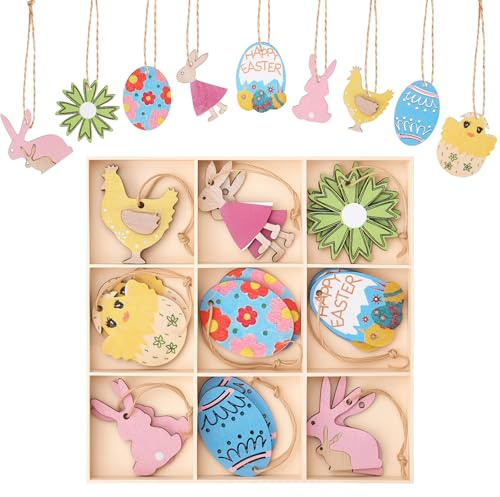 Hysagtek 18pcs Hanging Easter Decorations, Wooden Easter Decorations for Tree, Rustic Farmhouse Spring Decor, Colorful Egg, Hen, Bunny, Flower Shape Pendants,Home Decor Gift,with Wood Box,2 Inch