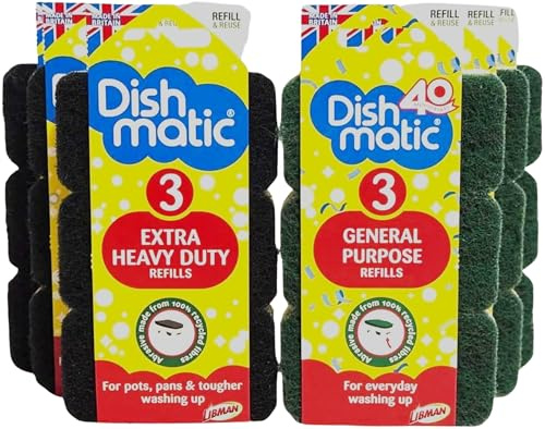 Dishmatic Refill Sponges Bundle Pack of 18 | 9 General Purpose Green Refills | 9 Extra Heavy Duty Black Refills, Replacement Sponge Heads for Dishmatic Handle, Washing Up & Kitchen Cleaning