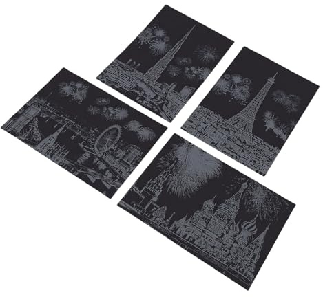 Syrisora 4-teiliges Kratzpapier, Buntes Stadt-Nachtansicht-Bauserie-Kunstset mit Bambusstift, für Basteldekoration, Entspannung, Kreativität (A4 (4 Siehe))