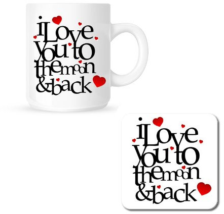 Keramiktasse und Untersetzer aus Holz, mit Aufschrift: „I Love You To The Moon & Back“