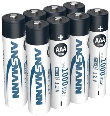 ANSMANN Batería AAA Micro Tipo 1000 mAh – 1,2 V – NiMH Pilas AAA para Dispositivos con Alto Consumo – Ideal para cámara, Flash, Linterna LED – 8 Unidades