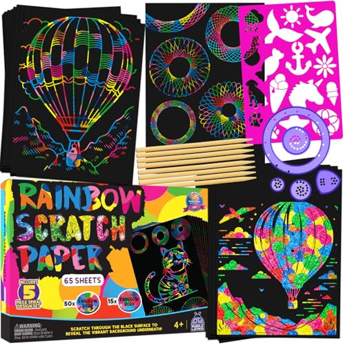 PURPLE LADYBUG Rainbow Scratch Art Paper, 79 PCS Creative Drawing Paper & Stencils - Arts and Crafts for Ages 4-12, Kids Craft Activity Set, Summer Activities for Kids, Travel & Wedding Activities
