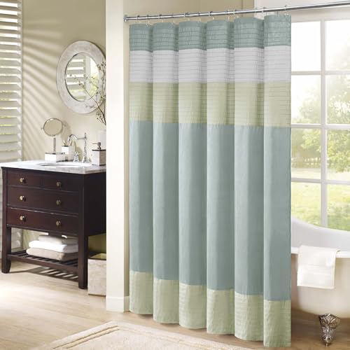 Madison Park Bathroom Shower Faux Silk Pieced Striped Modern Microfiber Bath Curtains, Polyester, Green, 72 W x 72 L (Pack of 1)