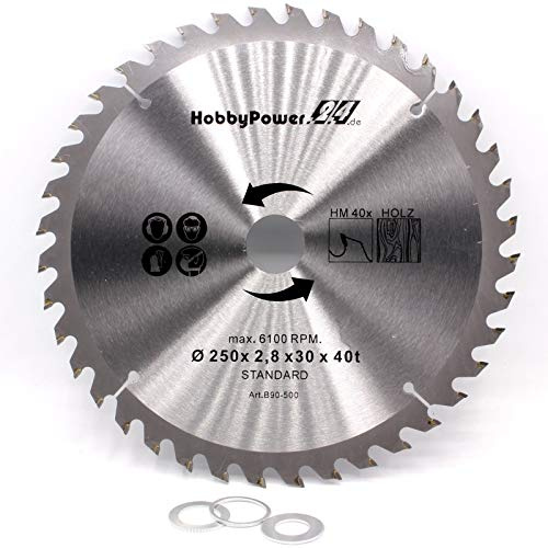 Kreissägeblatt Sägeblatt Hartmetall für Holz Tischkreissäge Kappsäge Gehrungssäge 250x30mm 40 Z Zähne + 3 Reduzierringe auf 24,4mm, 20mm und 16mm