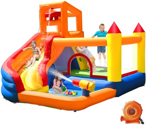 HuaKastro Inflatable Water Slide Bounce House for Kids with Pool, 5-in-1 Indoor/Outdoor Blow Up Play Center for Climbing, Sliding, Jumping & Splashing Fun, Blower Included