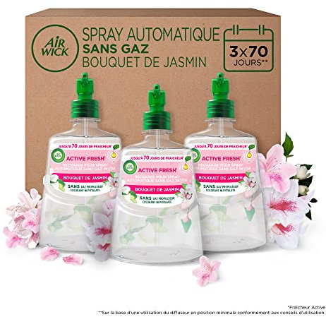 Air Wick Désodorisant Maison Spray Automatique Sans Gaz Active Fresh - 3 Recharges Parfum Bouquet de Jasmin