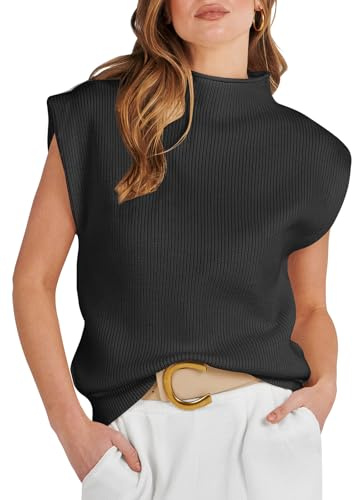 ANRABESS Women's Mock Neck Sleeveless Sweater Vest Casual Cap Sleeve Knit Pullover Tank Tops 2025 Fall Clothes Black-XL