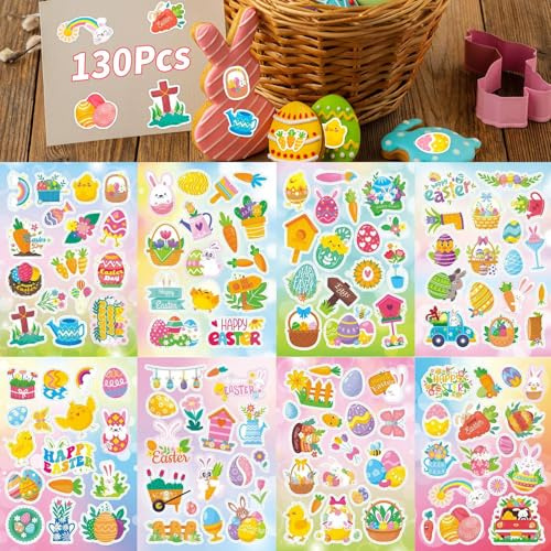 Leesgel 128 Muster Oster Kinder Sticker, Ostern Dekoration für Geschenke Umschlag Verpackung für Kinder Basteln, Frohe Ostern Hasen Eier Küken Blumen Karotte Aufkleber