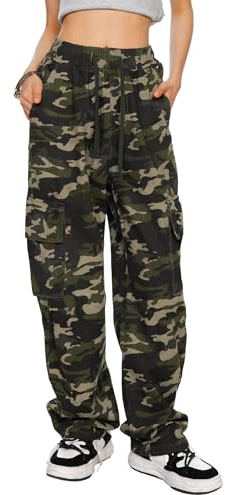 HVEPUO Camo Pants Women High Waisted Wide Leg Casual Y2K Camoflage Cargo Pants Baggy Elastic Waist Straight Jeans Trousers Khaki Camo L