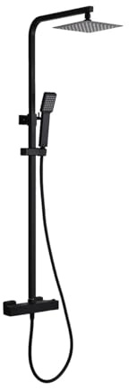 Mice Colonne de douche thermostatique - Barre de douche - Robinetterie thermostatique pour salle de bain avec pommeau de douche carré et en acier inoxydable - Noir mat