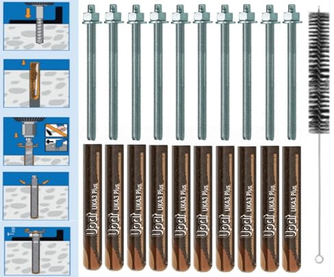 Schwerlastbefestigung SET M12x300mm VERZINKTER STAHL 5.8-10x Glaspatronen M12 + 10 Ankerstangen M12x300mm vz. + Zylinderbürste/Klebeanker Ankerstangen