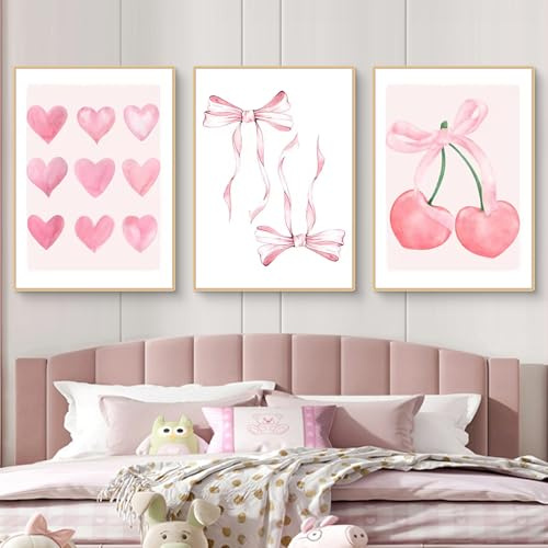 Uixxducc 3er Set Poster Aesthetic Bilder Kunstdruck Poster Rosa Schleife Boho Deko Ohne Rahmen Leinwand Bild Wohnzimmer Schlafzimmer Badezimmer Wanddeko (30×40 cm,B)
